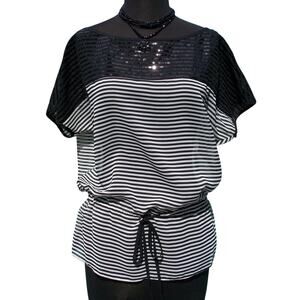 Cache Black White Sheer Illusion Sequin Embellished Top New Self Belt $108 NWT